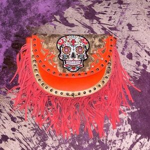 Embroidered Skull Fringe Bag - Orange and Gold